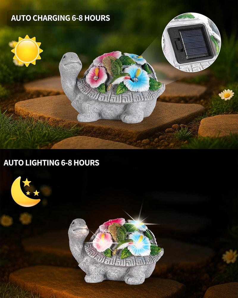 GoGnome Solar Turtle Figurine Lights with Hummingbird Flower 5.5-inch – Garden Statue for Outdoor Yard Decorations, Lawn Ornaments, Balcony Decor – Ideal Gift for All Occasions (Turtle) - Image 2